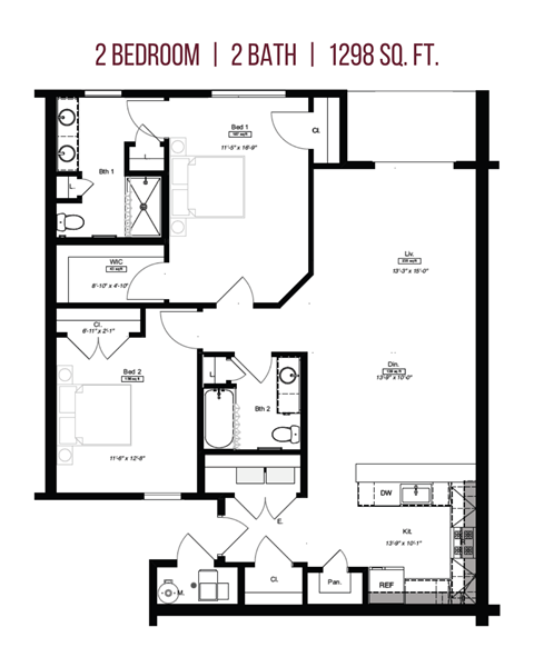 Floor plan for 2 beds, 2 baths, 1199 sqft